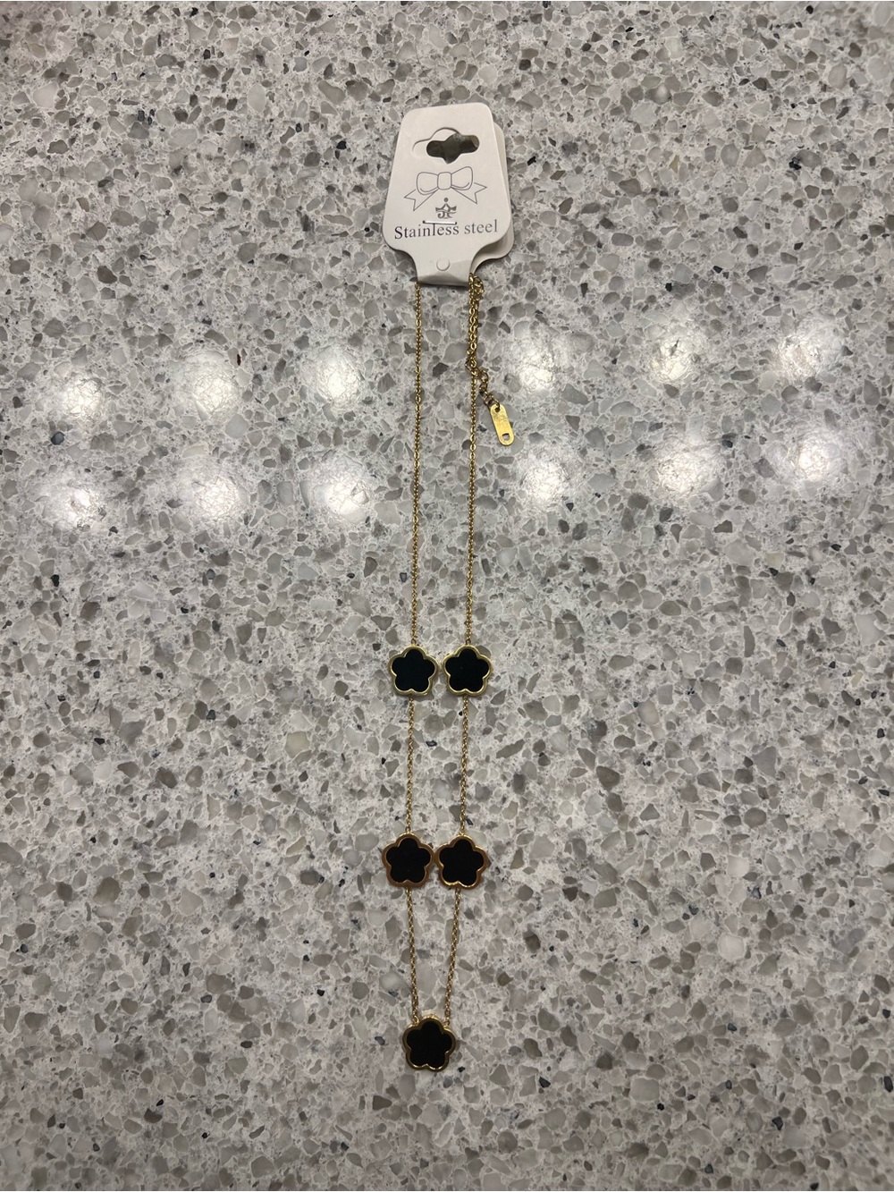 Stainless Steel Women's Gold Necklace with Black Clover Pendants